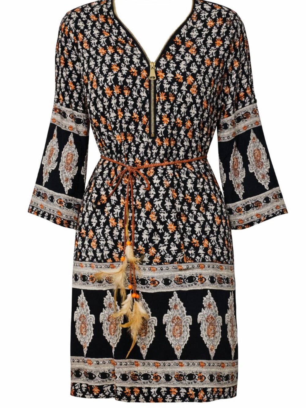 Kessley Boho Floral Dress Women’s Small Black White Bell Sleeve Belted NWOT - Picture 3 of 12